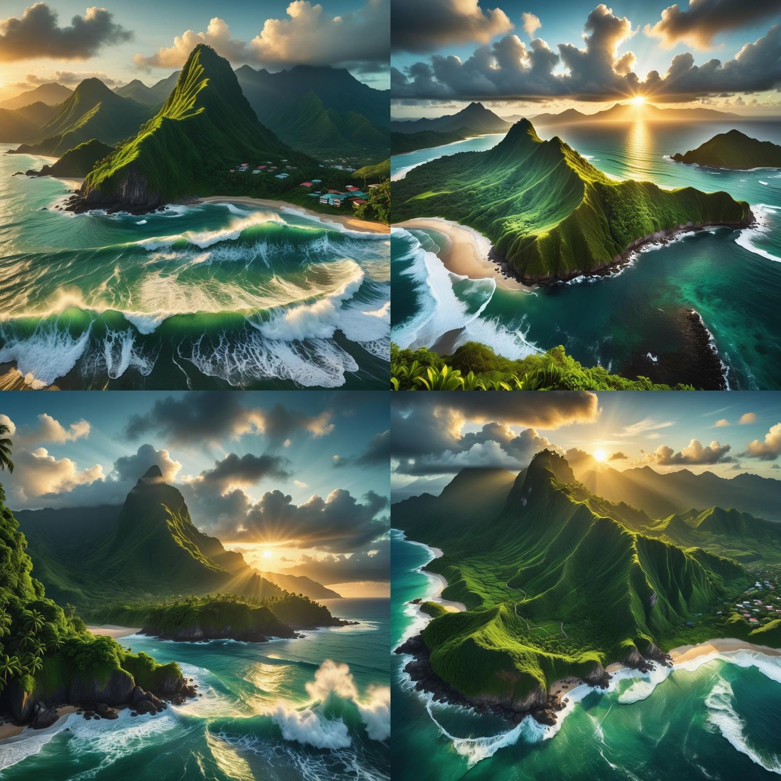 Tropical Island Sunrise with Lush Green Mountain