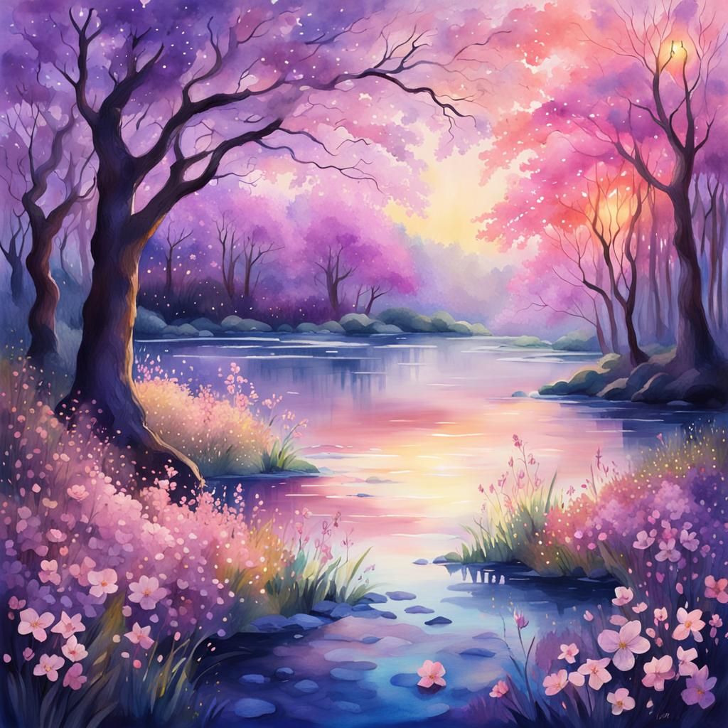 Ethereal Watercolor Landscape with Shimmering Lake