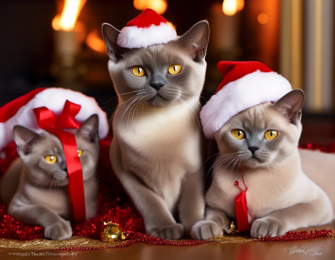 Burmese Cats Playing with Santa Hat: Realistic Photograph