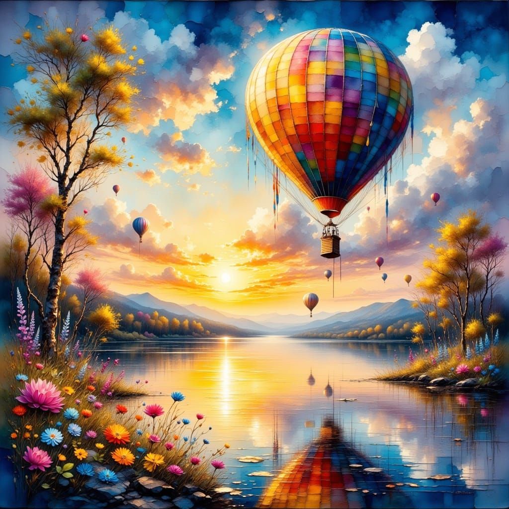Hot Air Balloon Over Lake in Impressionist Style
