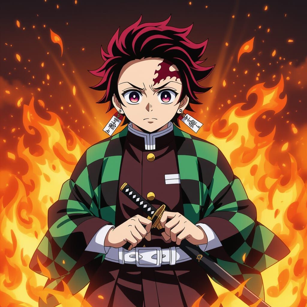 Tanjiro Kamado in Fiery Battle Anime Art