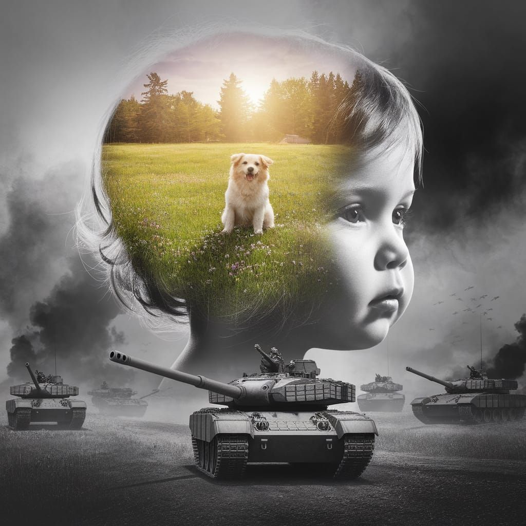 Child's Head: Meadow and Battlefield Double Exposure