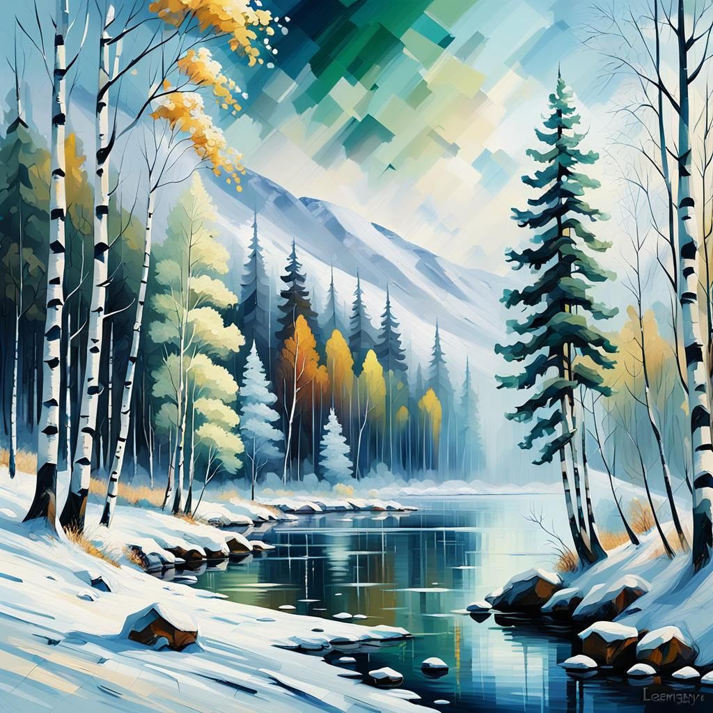 Winter Birch Forest Landscape as Impasto Painting