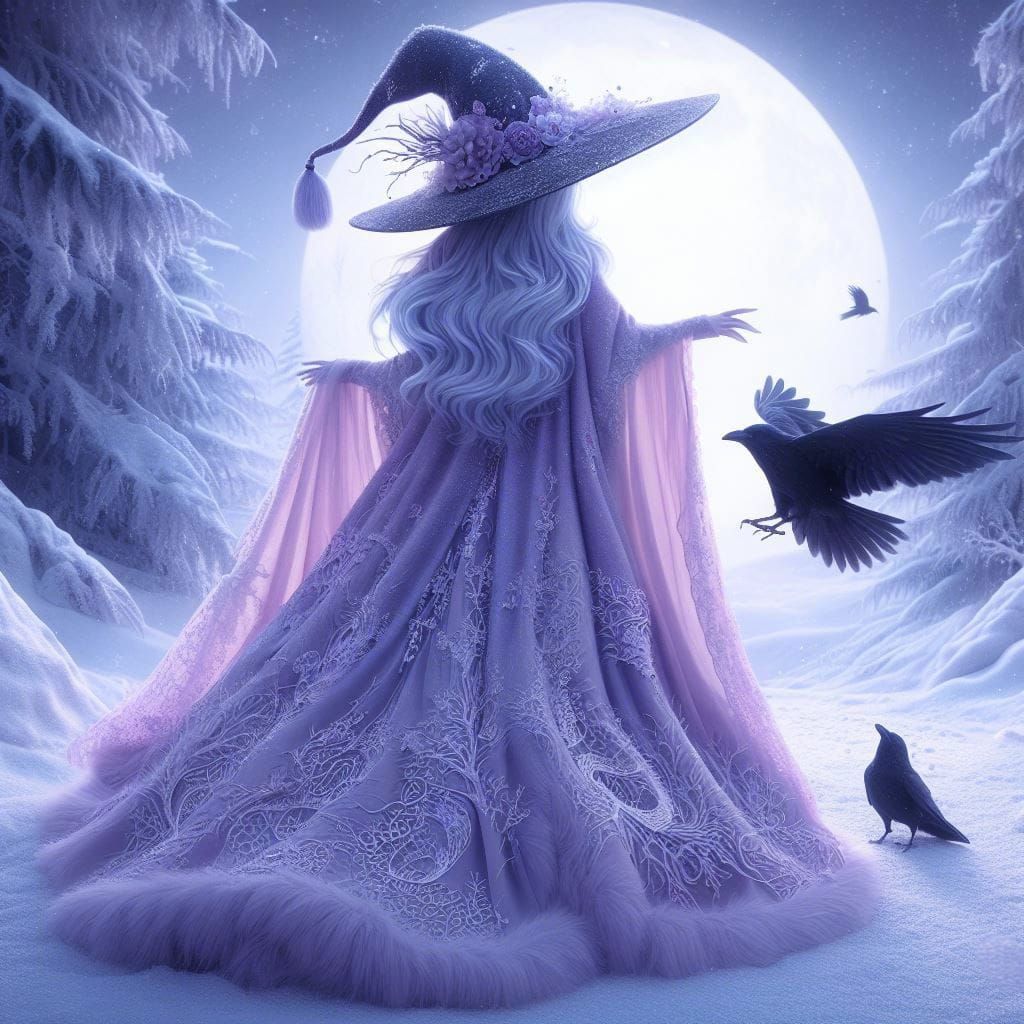 Winter Witch and Raven in Snowy Forest