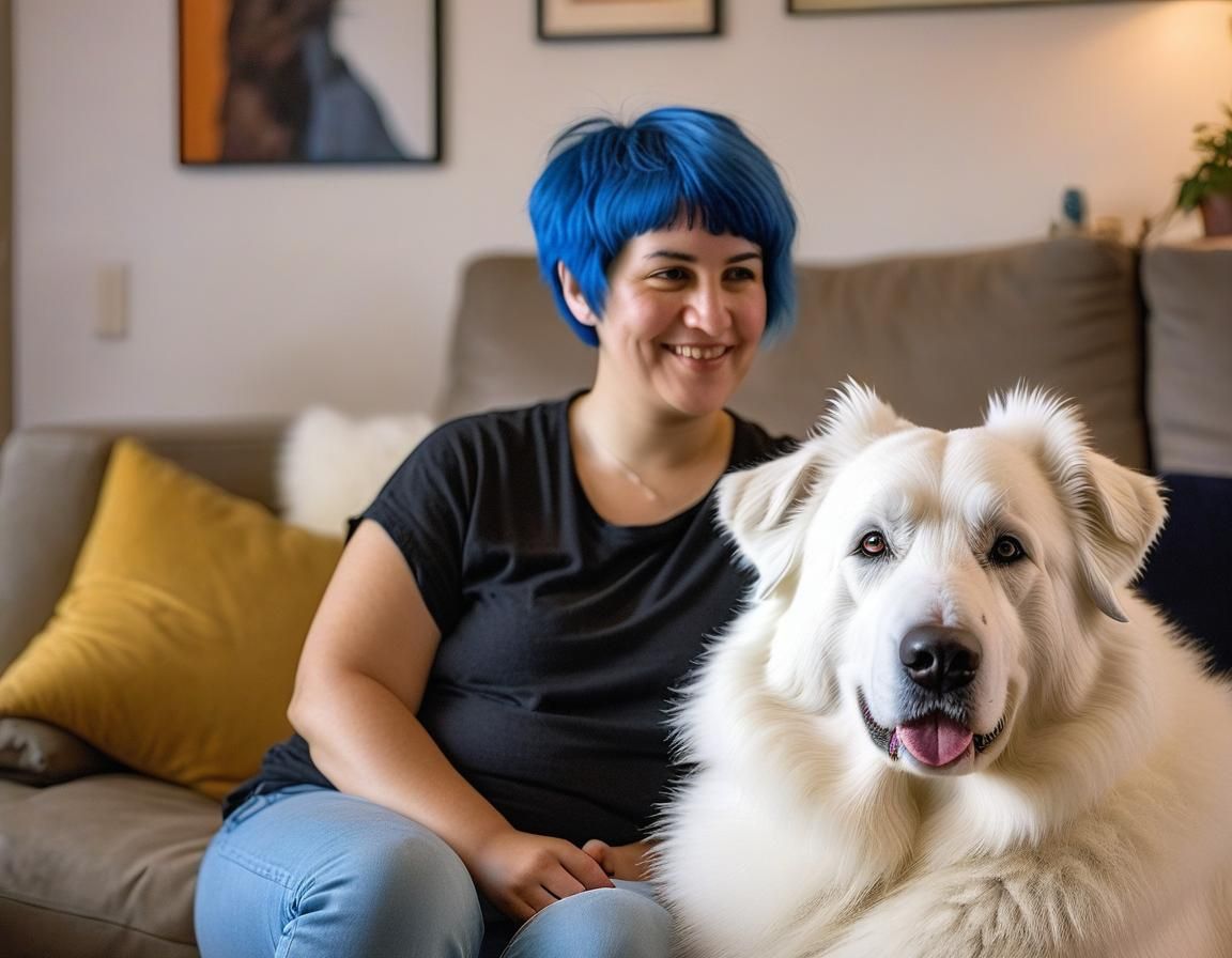 Woman and Great Pyrenees in Cozy Apartment