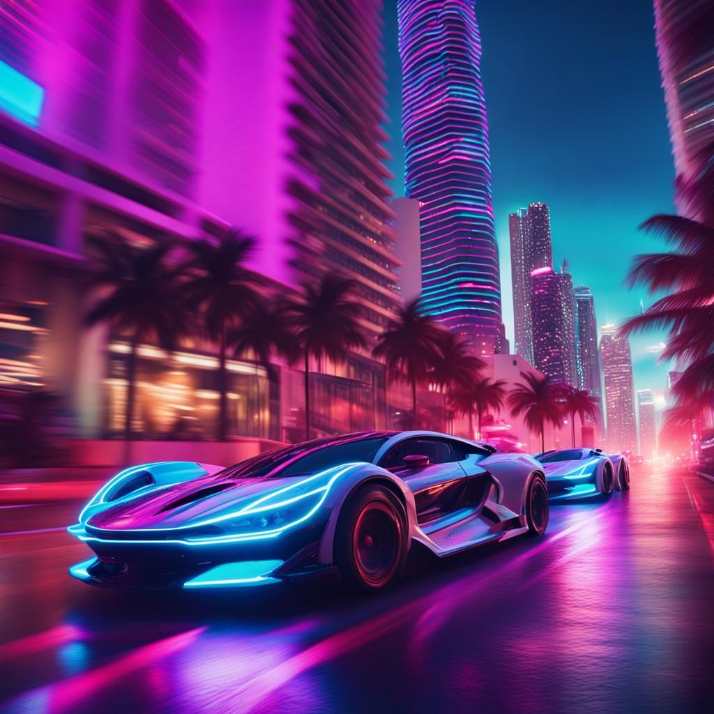 Cinematic action shot of a two futuristic cars racing in downtown Miami