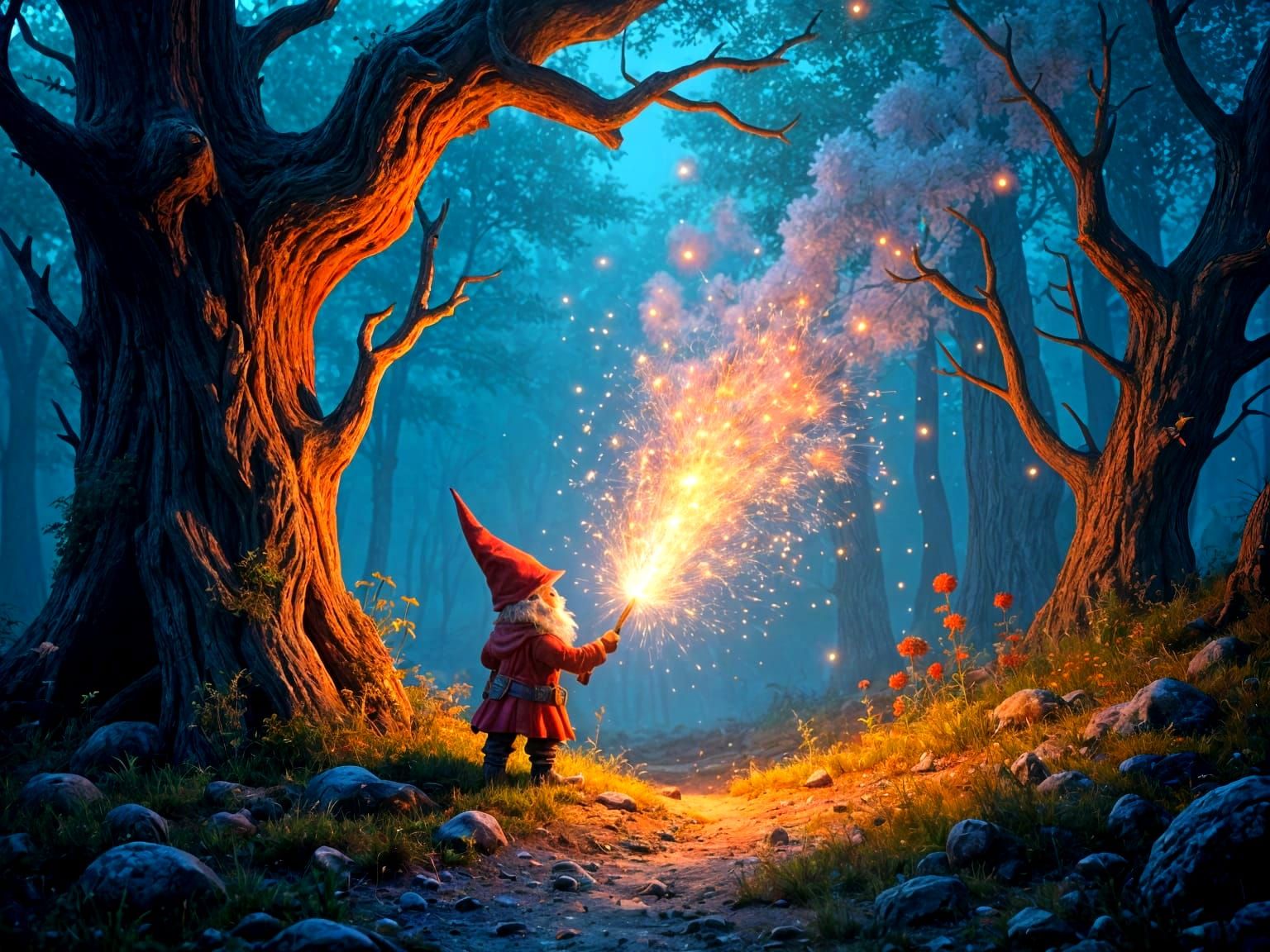 Pyrotechnic Gnome in Magic Forest: Fantasy Art