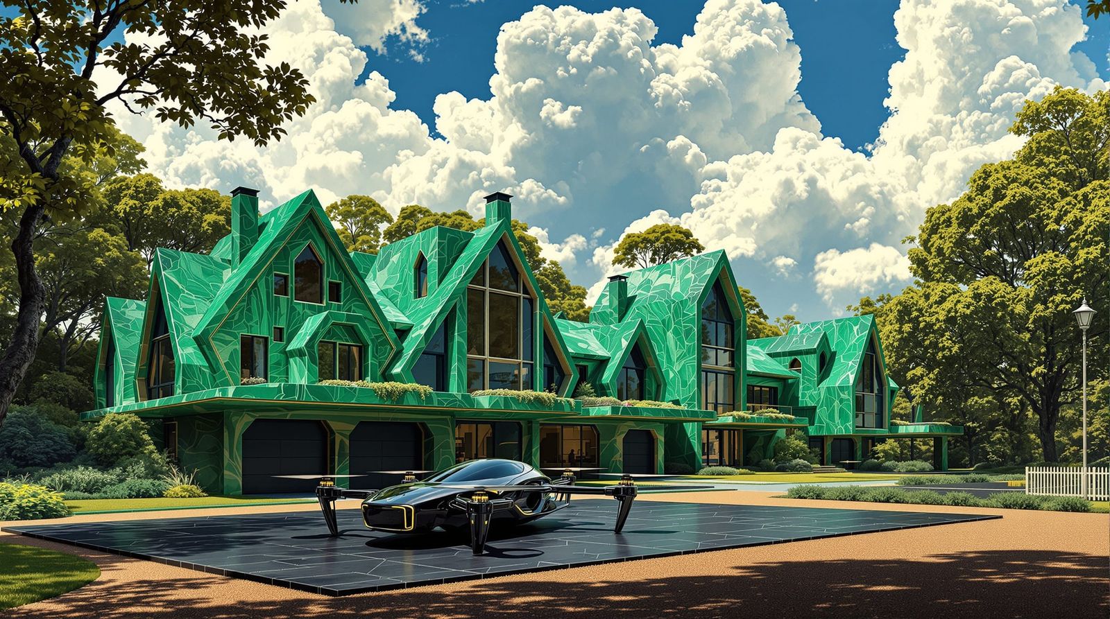 Malachite Houses and Quadcopter in Klimt-Inspired Sci-Fi