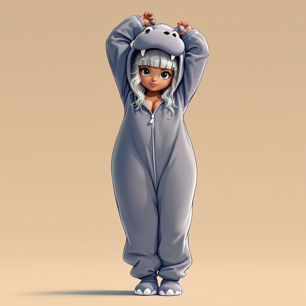 Anime Woman in Hippo Kigurumi on Tiptoe