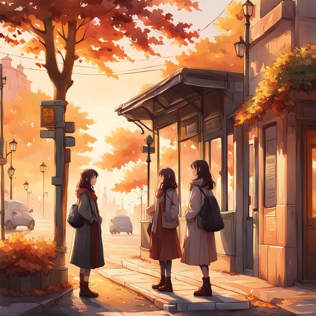 Italian Girls at Bus Stop in Anime Style