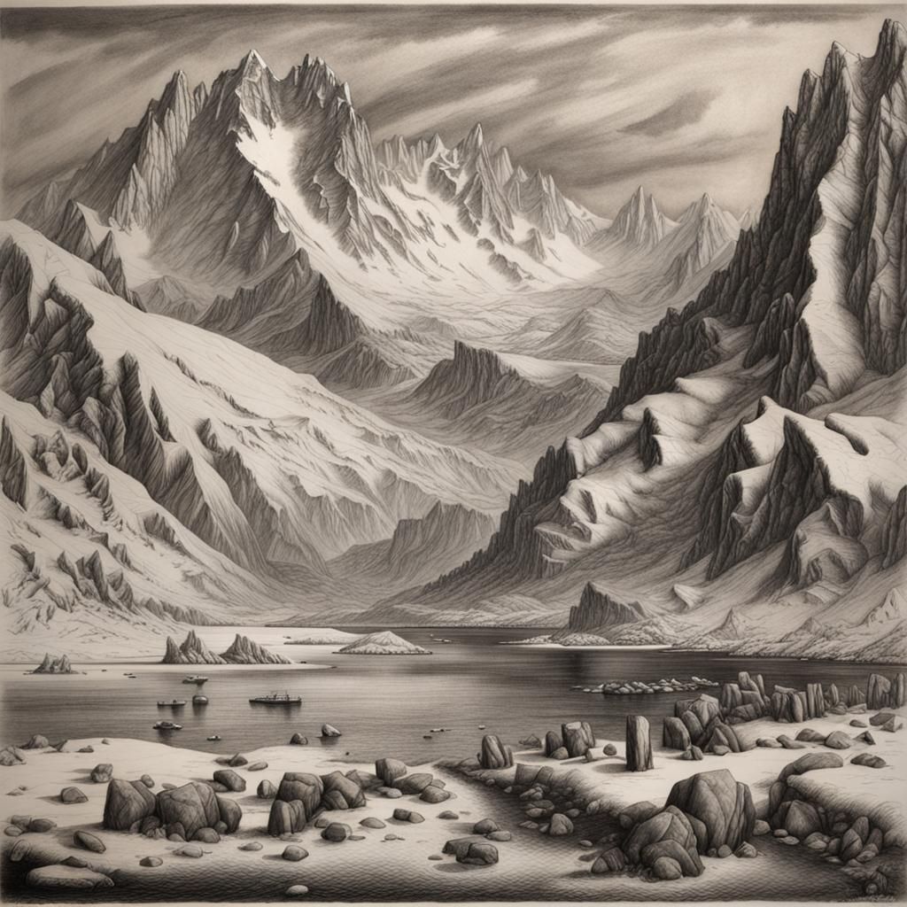 Hyperdetailed Antarctic Landscape in Charcoal
