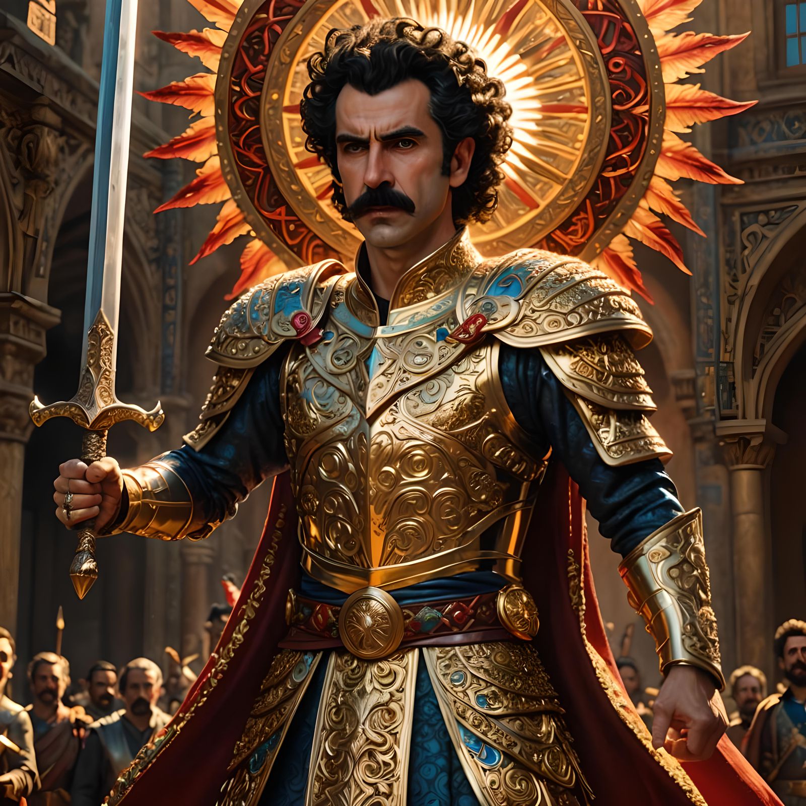 Borat with Sword Raised in Air, Ready to Strike