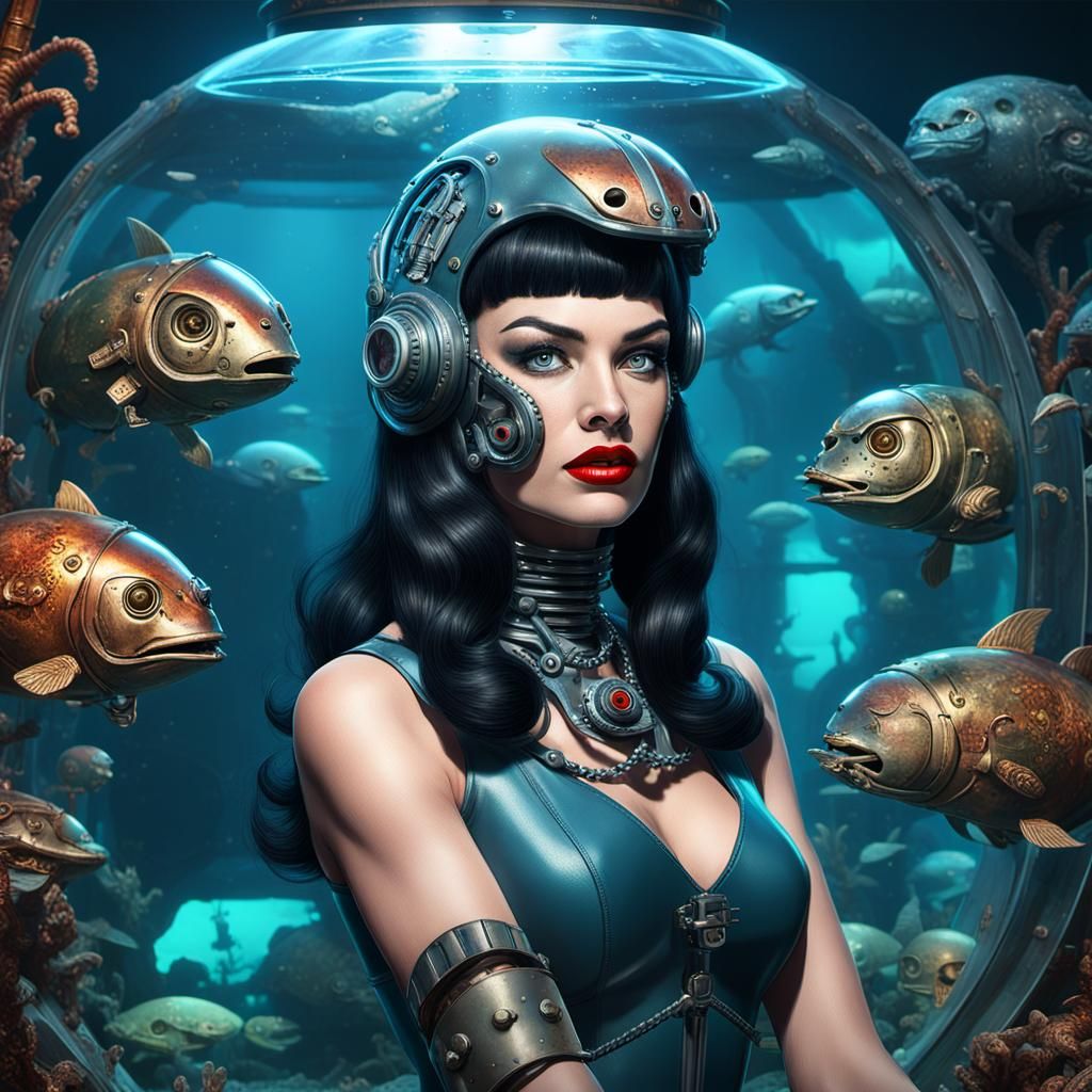 Cybernetic Automaton: Masked Figure in Deep Sea Aquarium