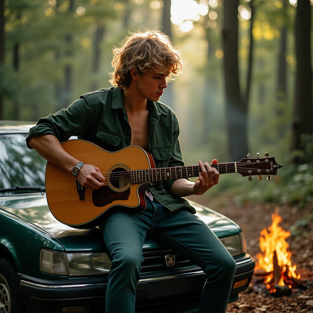 Young Man Plays Guitar on Dark Green Peugeot 406 Coupe in Fo...