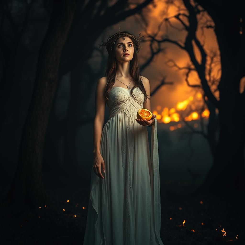 Eve in Mystical Forest Holding Forbidden Fruit