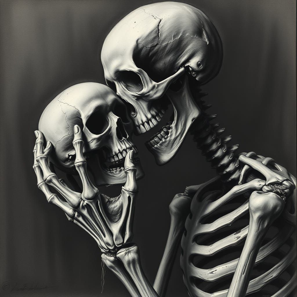 Grave Dignitary Examines Skull Reminiscent of Beksiński