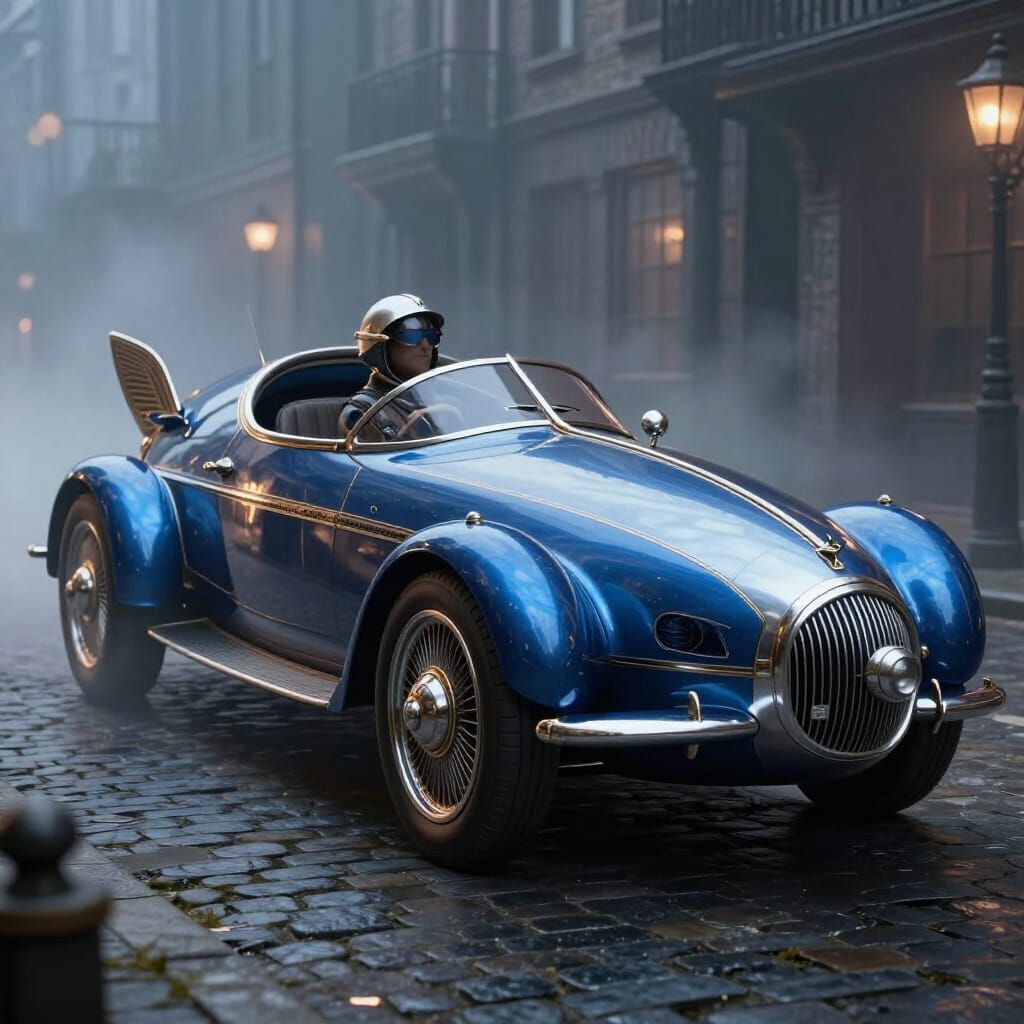 Nautilus Car: Victorian Fantasy Vehicle in Foggy City