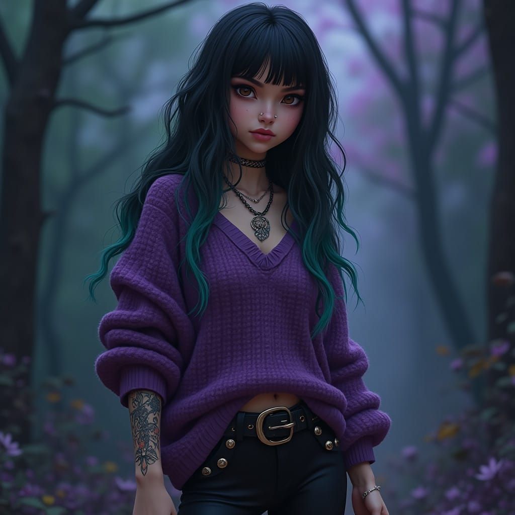 Fantasy Alt Girl with Mystical Tattoos and Piercing
