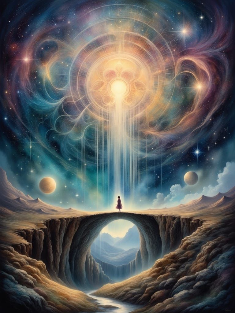 Surrealist Figure Crosses Starlit Chasm with Cosmic Mandala