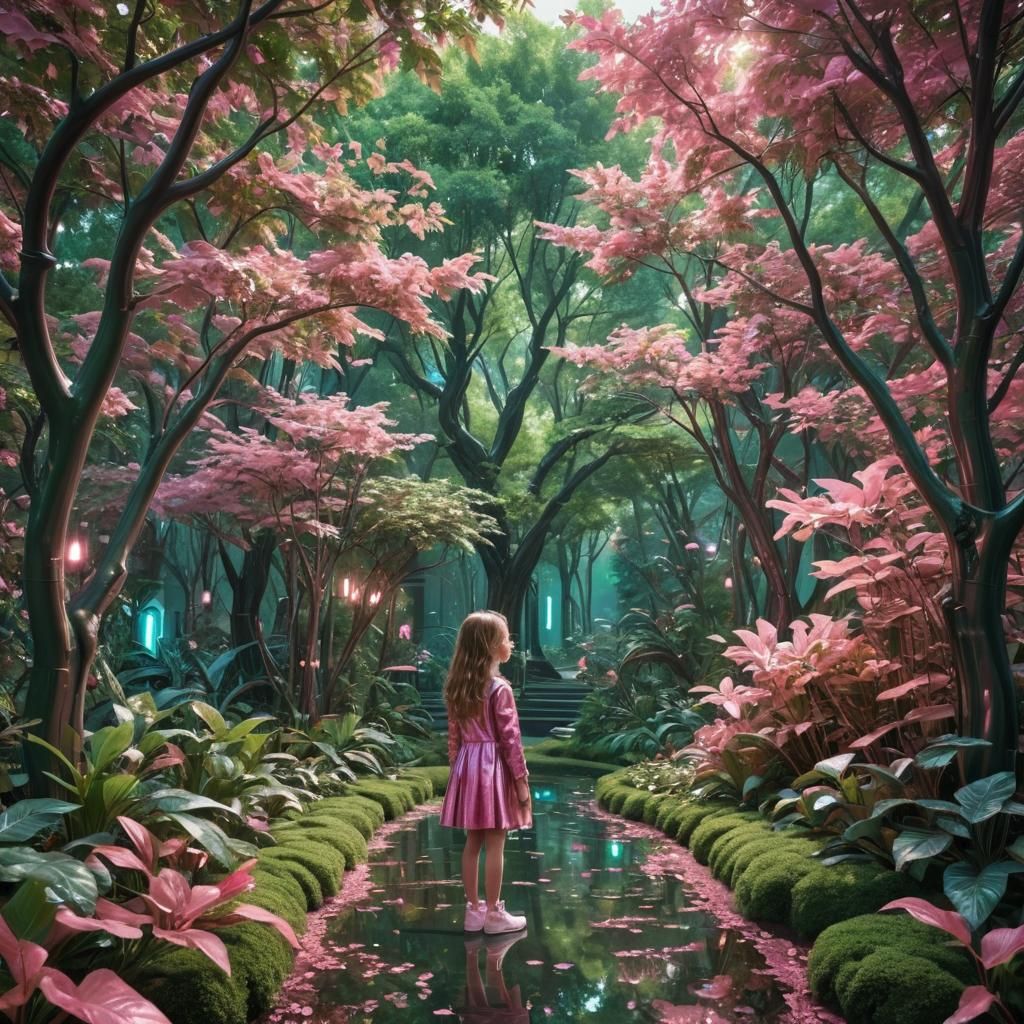 Futuristic Garden Scene with Girl in Awe