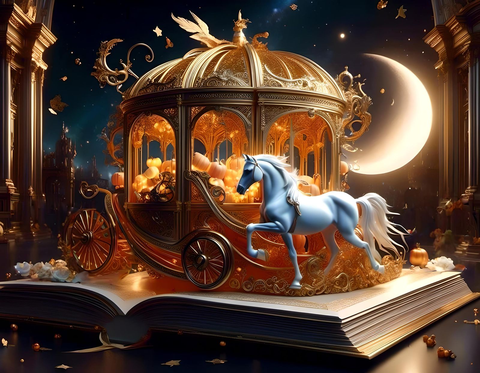 Magical Pop-Up Book with Pumpkin Carriage in Anime Style
