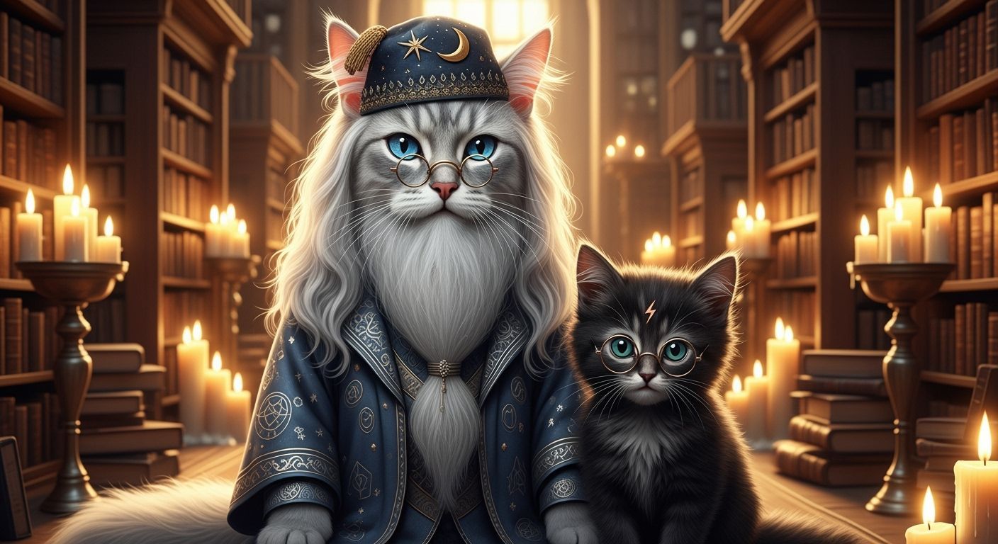 Magical Cats Resembling Dumbledore and Harry Potter