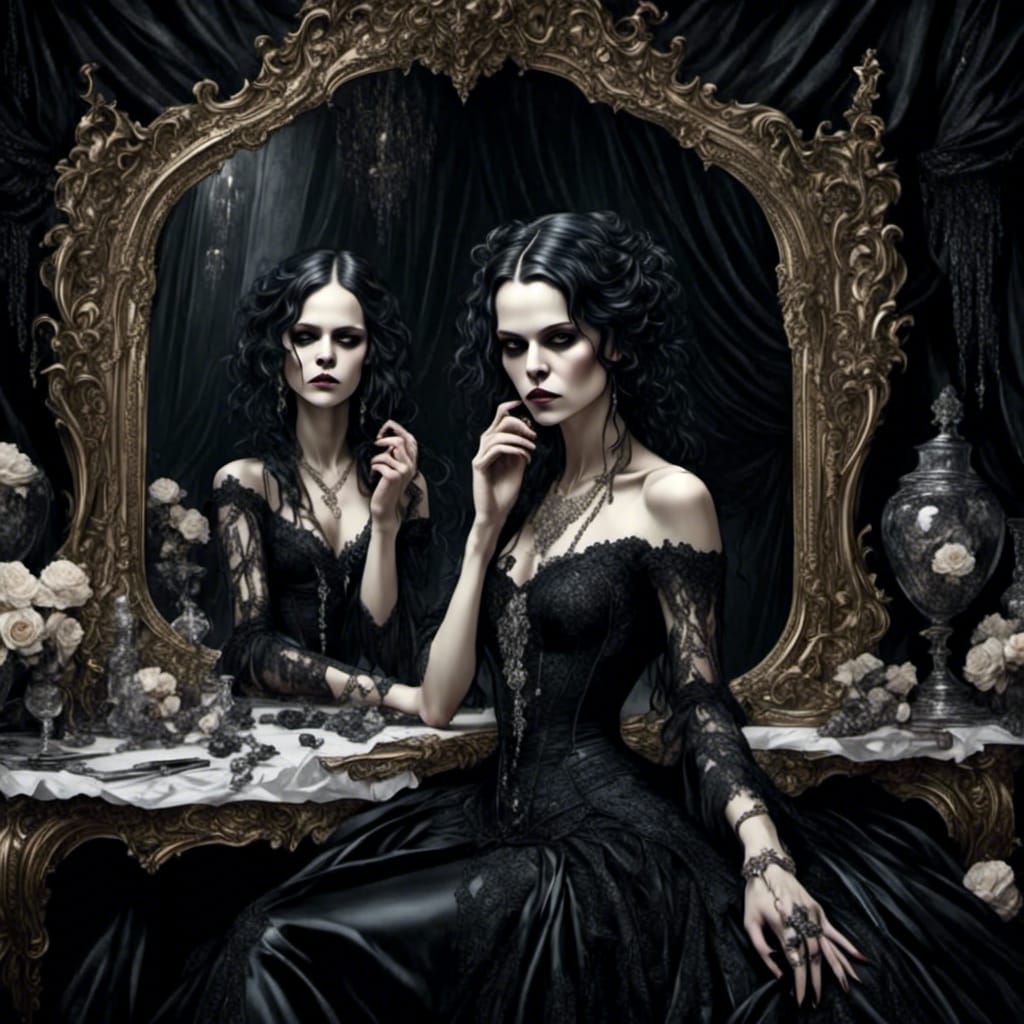 Gothic Vanity: Girl at Mirror Dressing Table