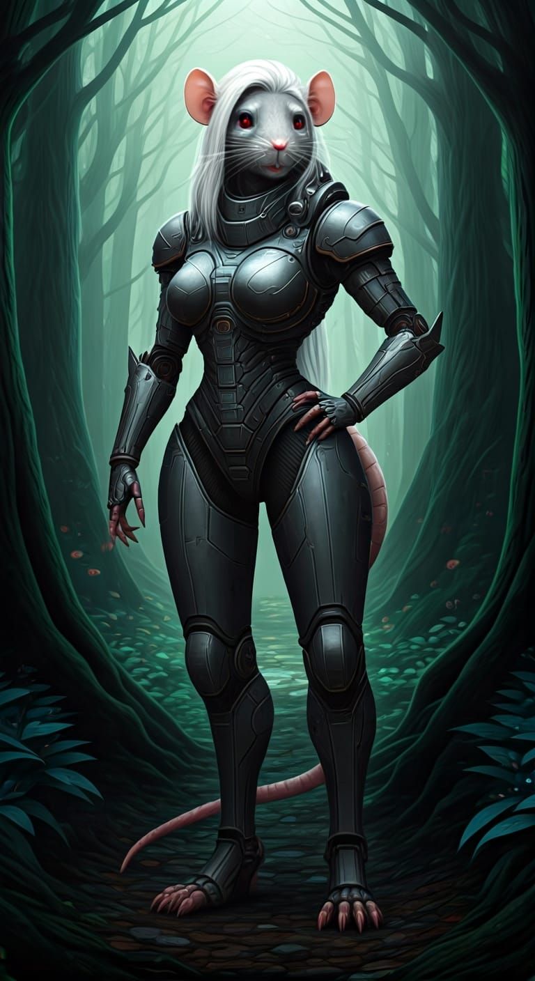Rat-Woman in Power Armor in Mystical Forest