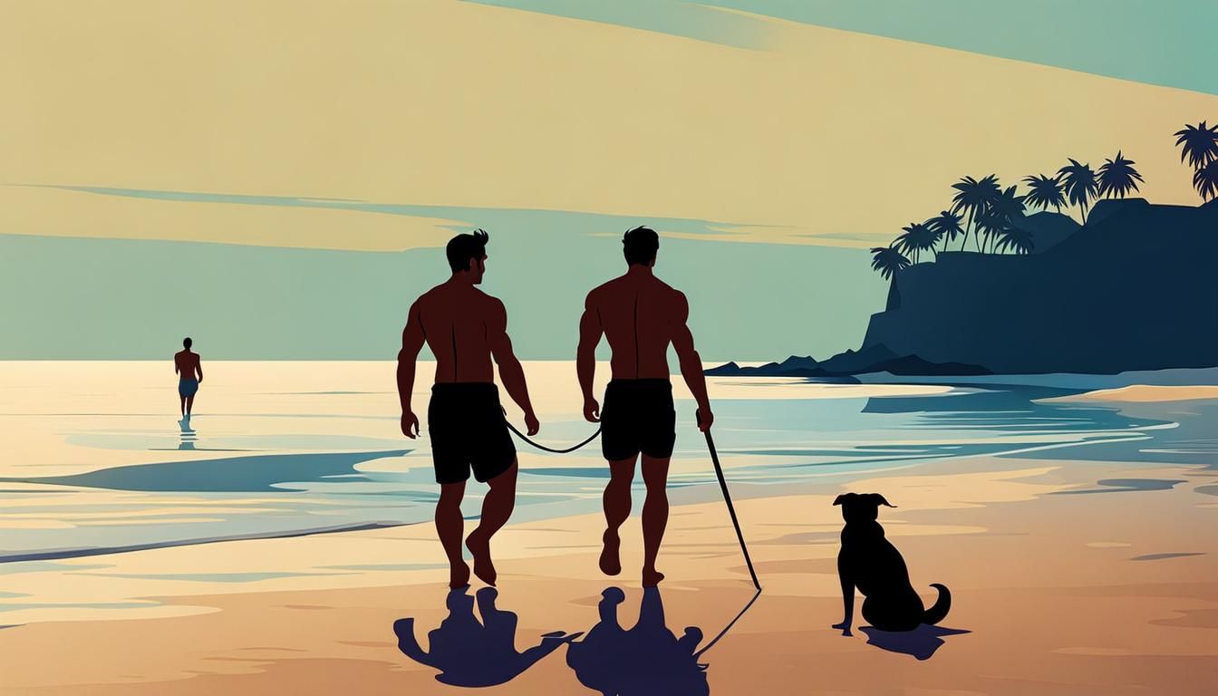 Men Walking on Beach with Dog: Abstract Art