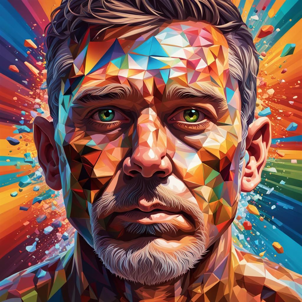 Kaleidoscopic Man Portrait in Hyperrealistic Splash Art