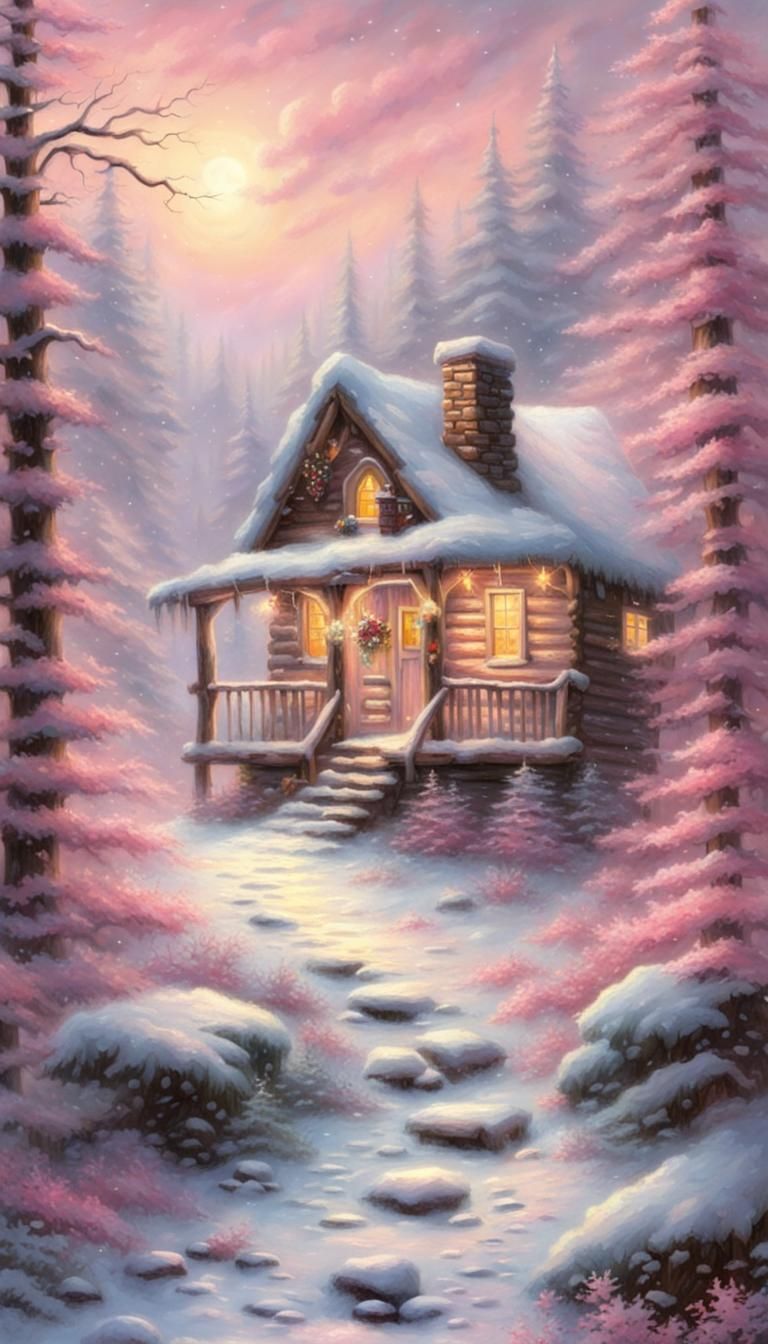 Snowman and Cabin in Ethereal Pink Fantasy Landscape