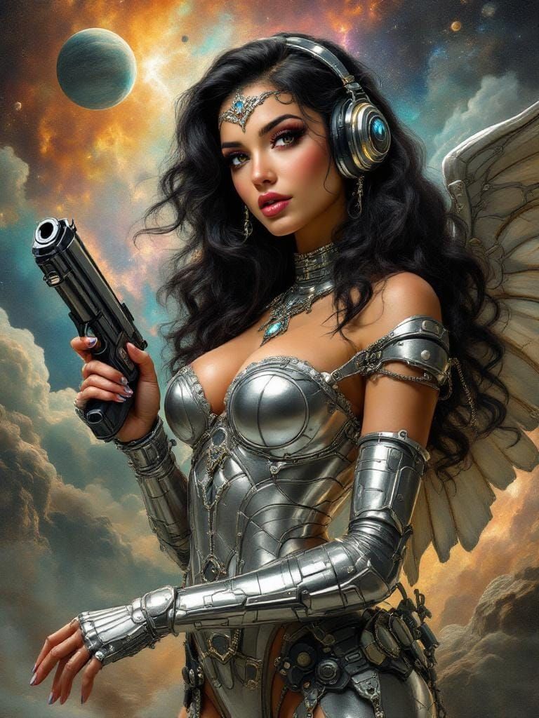 Glamorous Space Pin-Up Girl in Art Nouveau Style