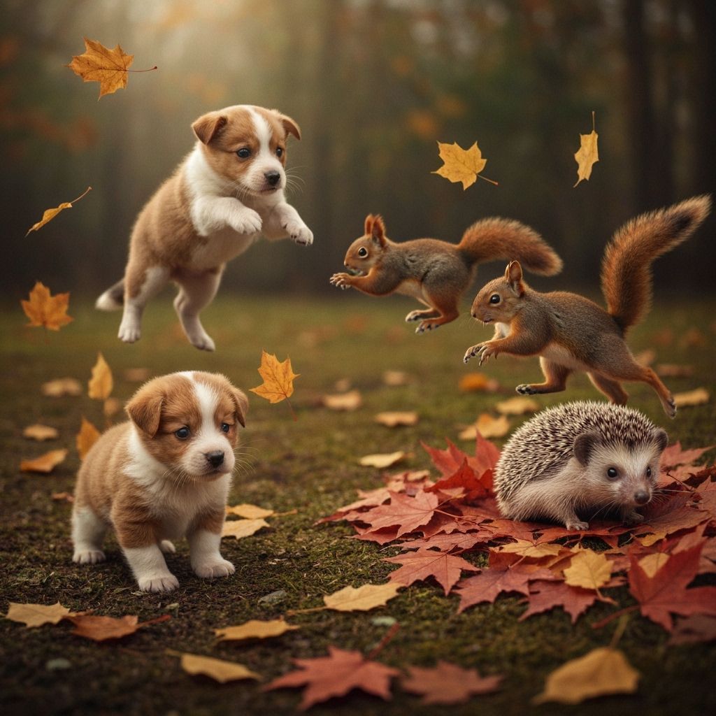 Cute Puppies and Kittens Play in Autumn Leaves