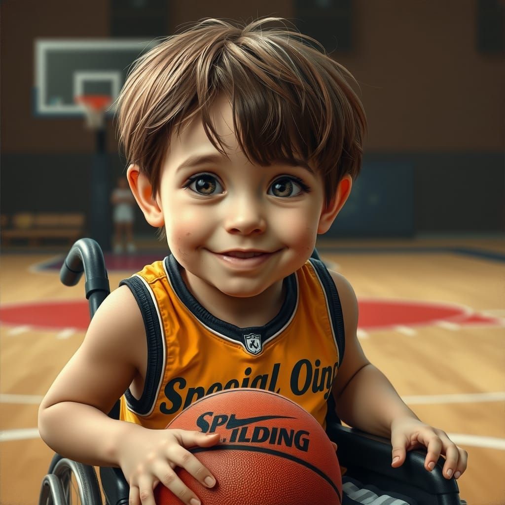 Girl in Wheelchair Plays Basketball, Oil Painting