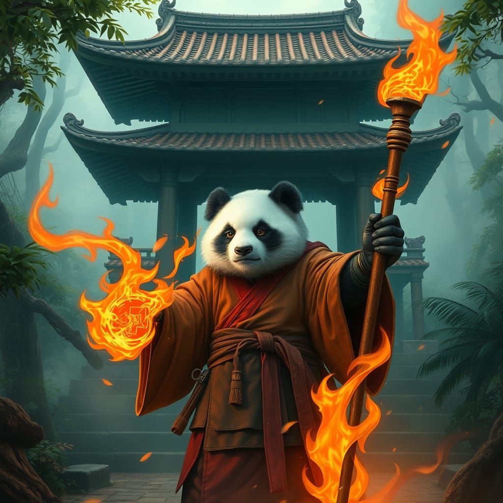 Fantasy Warrior Panda Wields Magic in Ancient Temple Setting