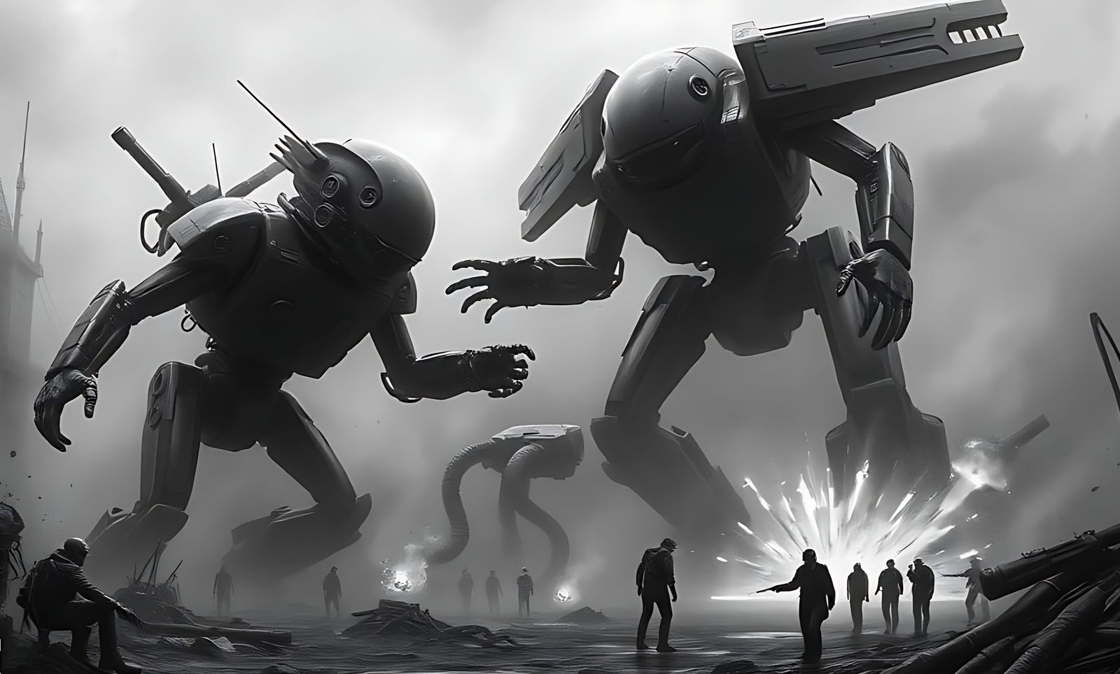 Manchines, mechanoids and robots battle for supremacy in a surreal Dystopian, post- apocalyptic dreamscape.