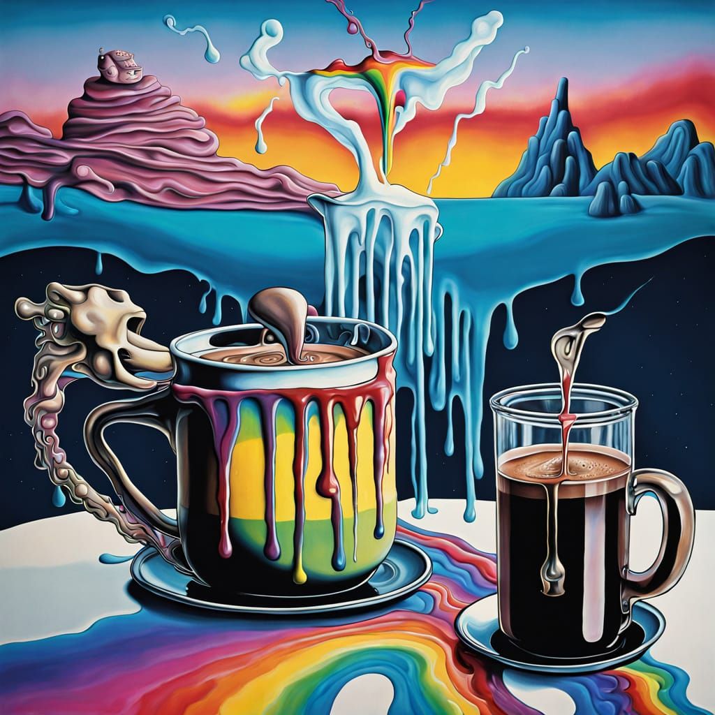 Surreal Coffee Cartoon with Dripping Rainbow Paint
