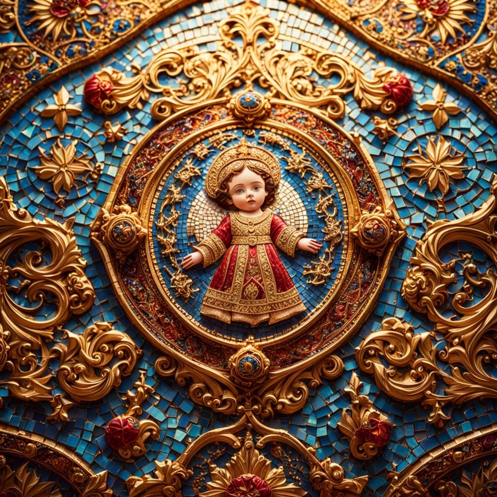 Byzantine Mosaic of Royal Baby in Ornate Crib