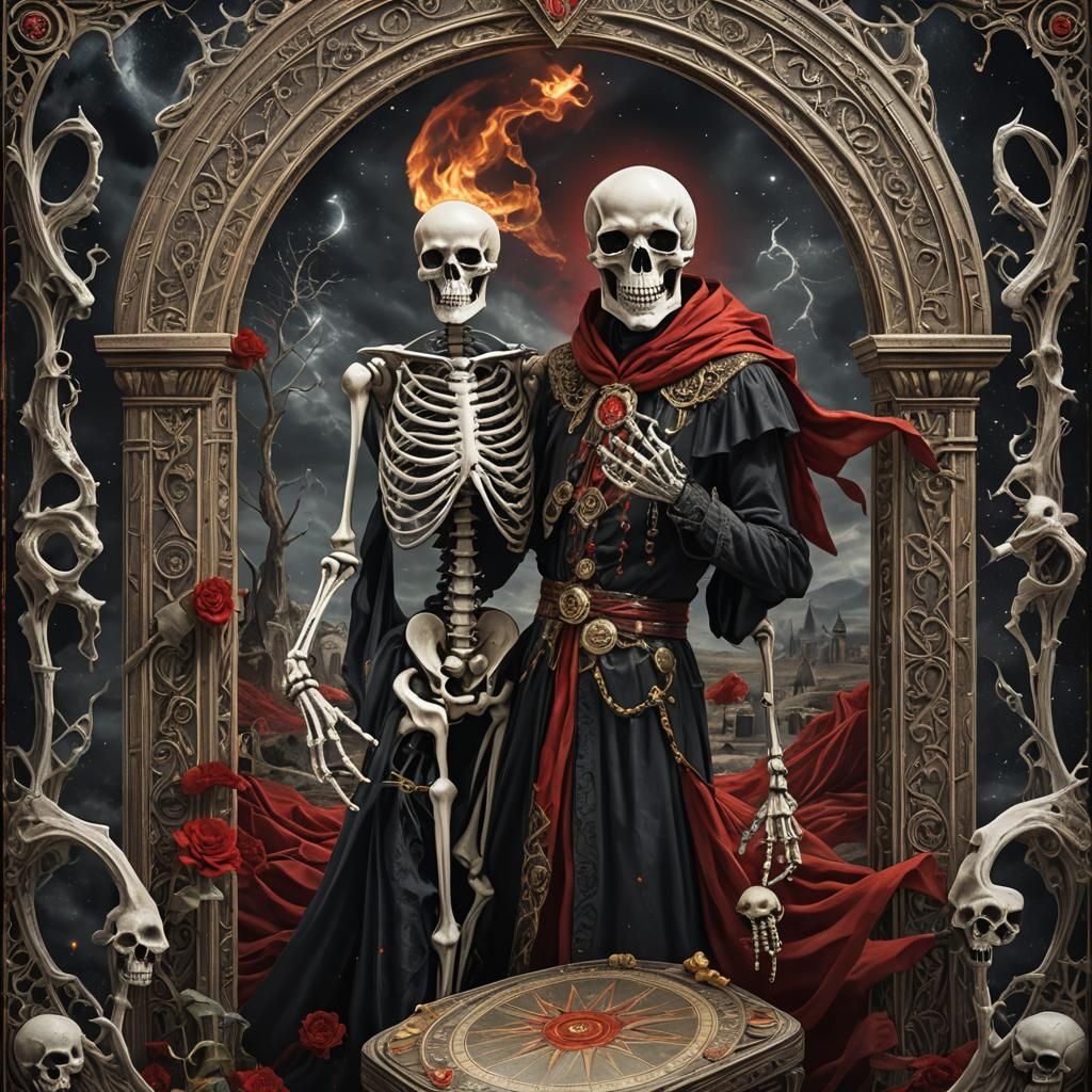 Skeleton Magician Tarot Card in Dramatic Style