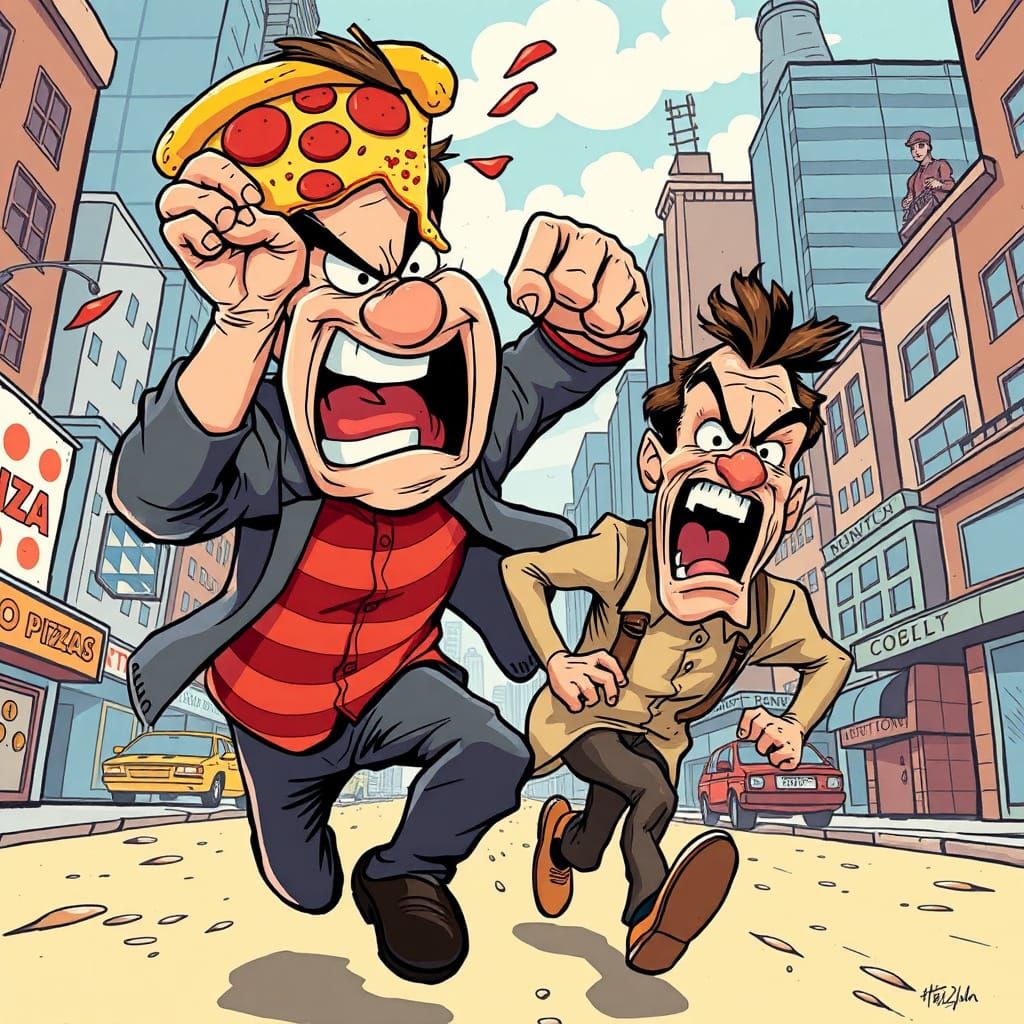 Enraged Man Chases Terrified Man with Pizza Slice