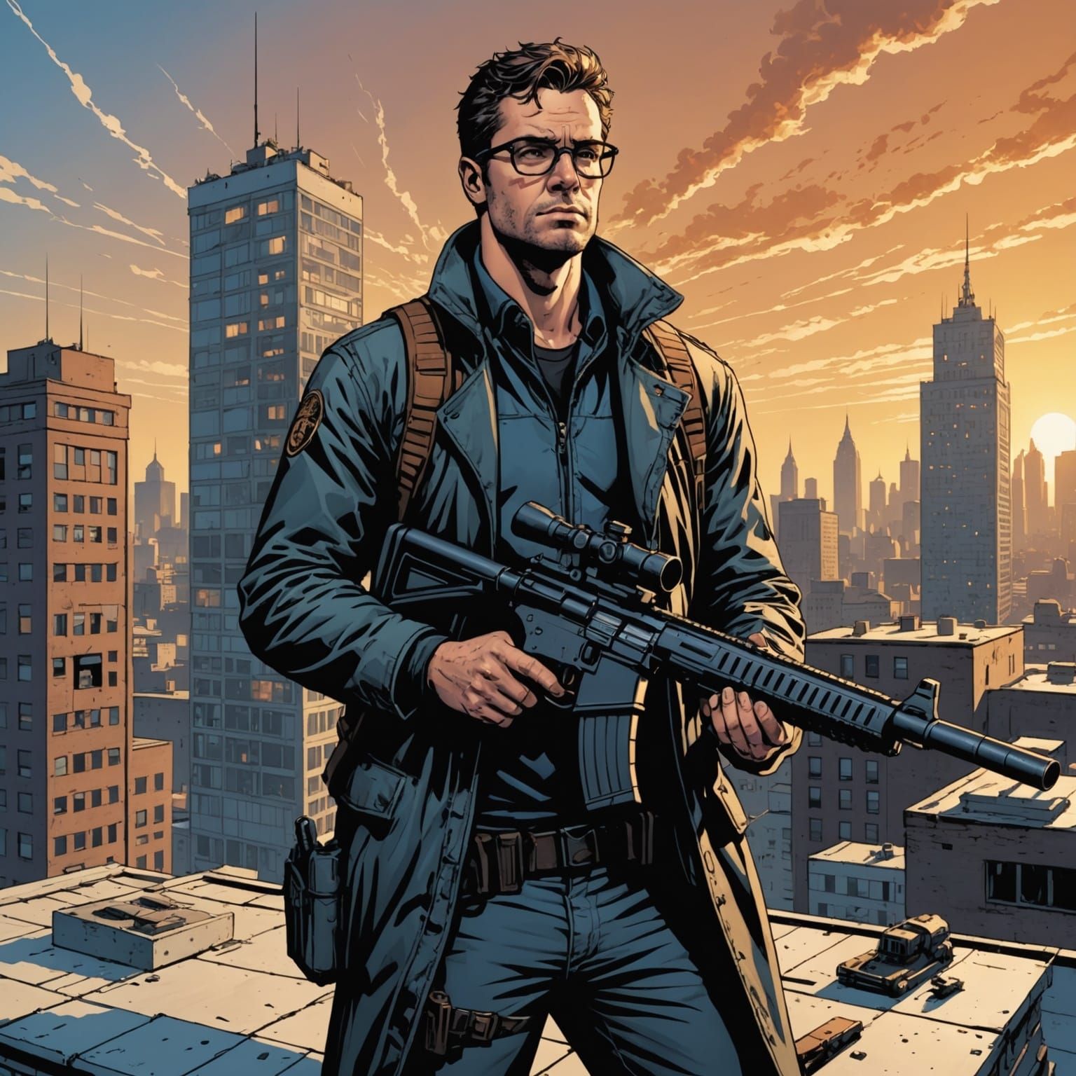 Contract Killer in Comic Book Style on Rooftop with Sniper