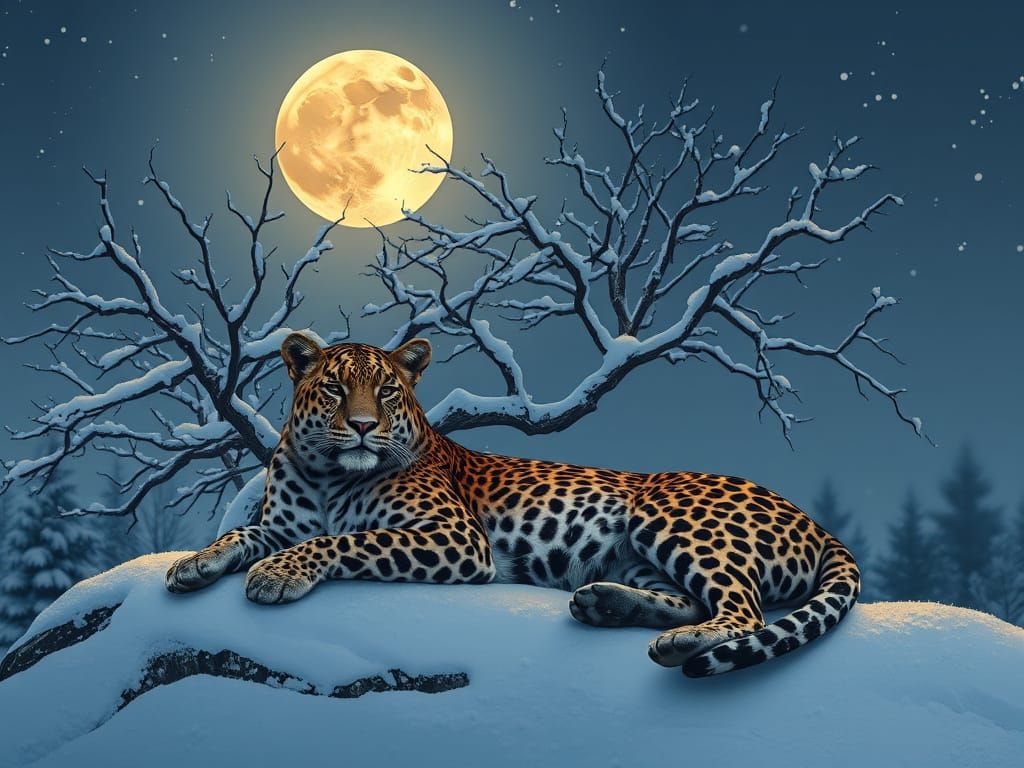 Leopard Basks in Moonlit Snowy Solitude