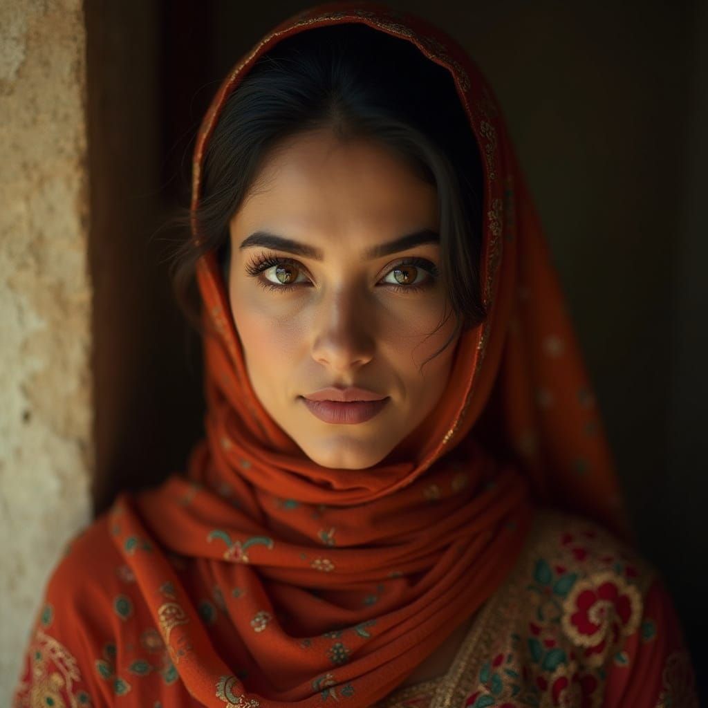 Elegant Muslim Woman in Vibrant Indian Attire with Golden Li...