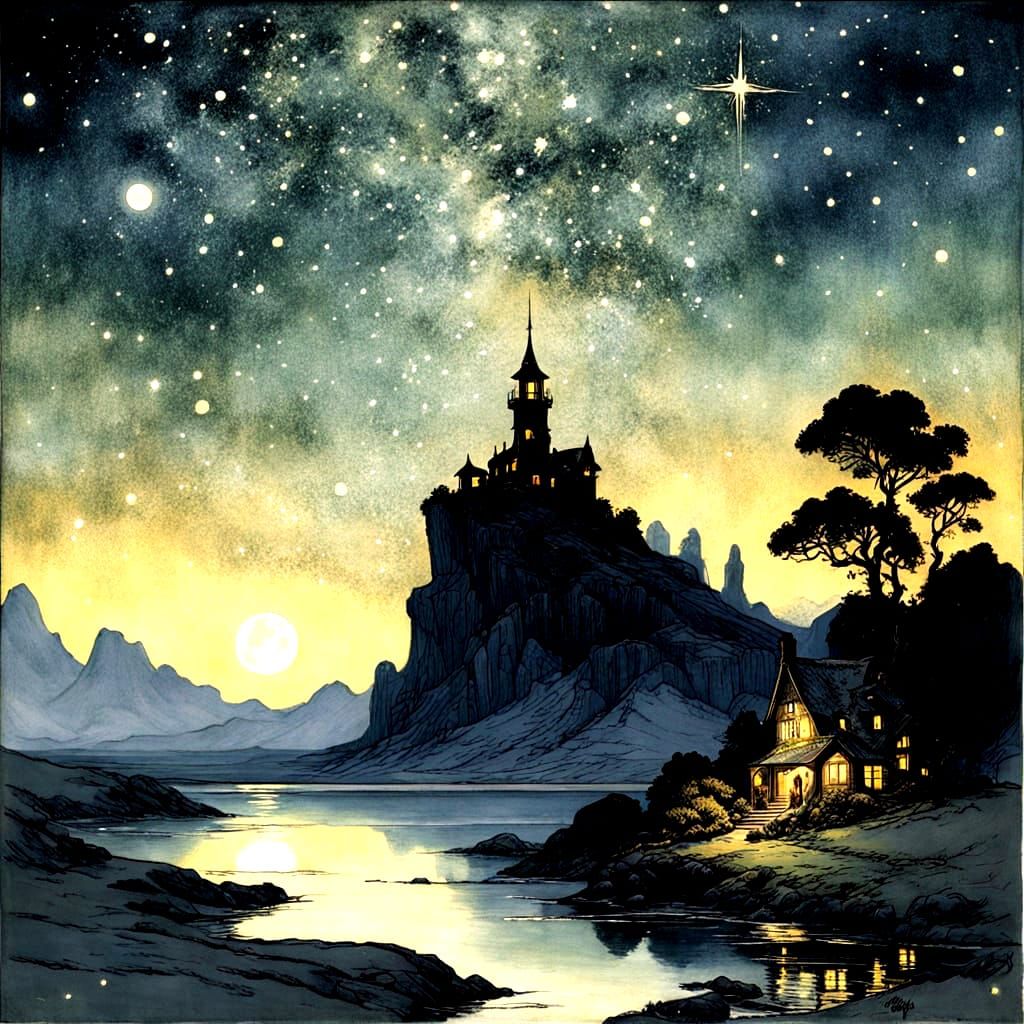 Beautiful nightscape, shimmering stars, Rackham