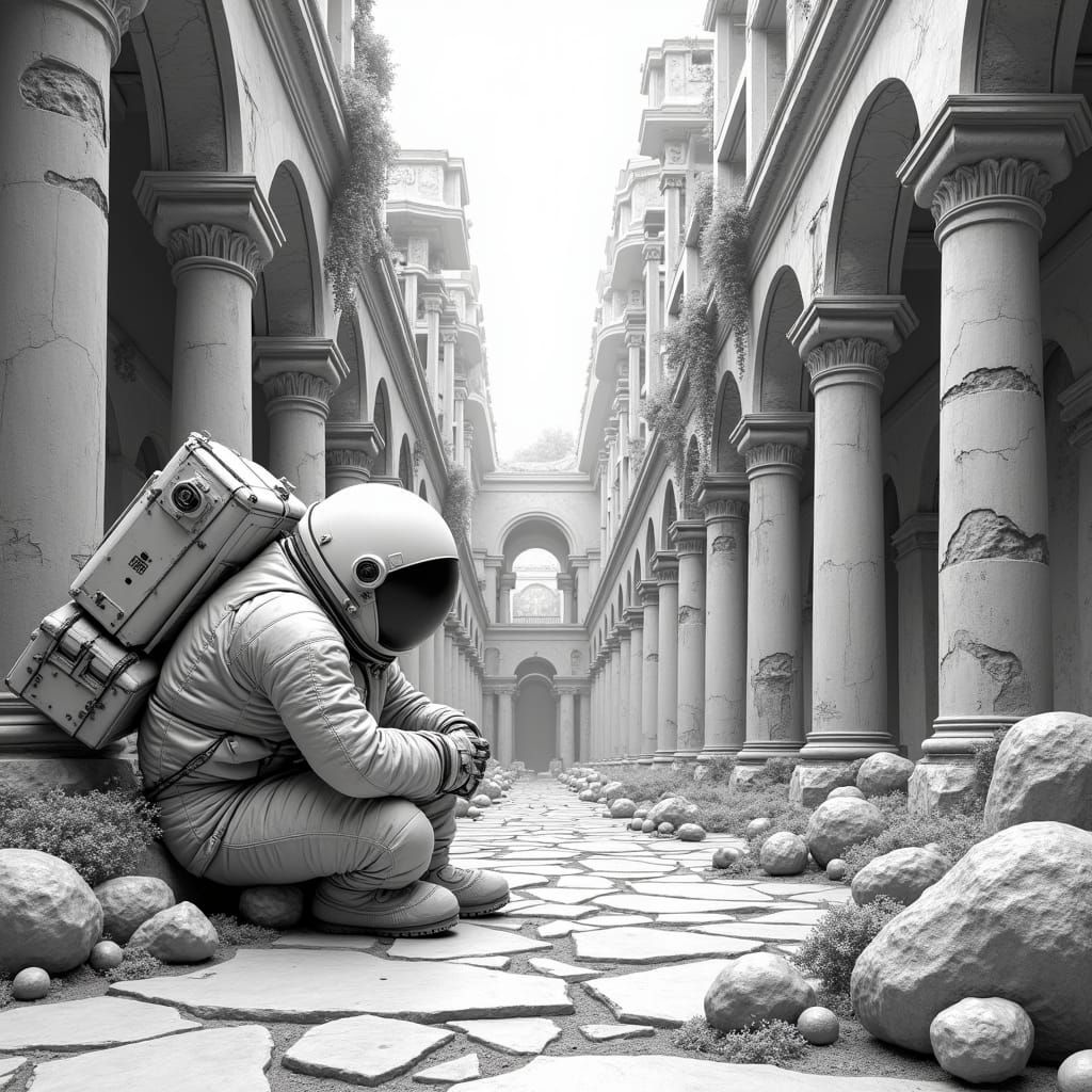 Astronaut Among Ancient Ruins in Black and White