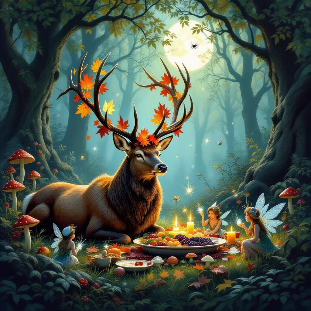 Majestic Stag Leads Enchanted Forest Feast in Oil Painting S...
