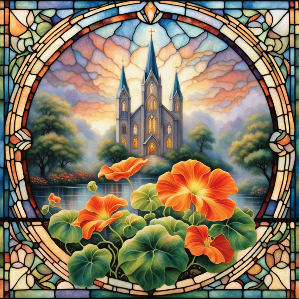 Stained Glass Cathedral with Nasturtium Flower