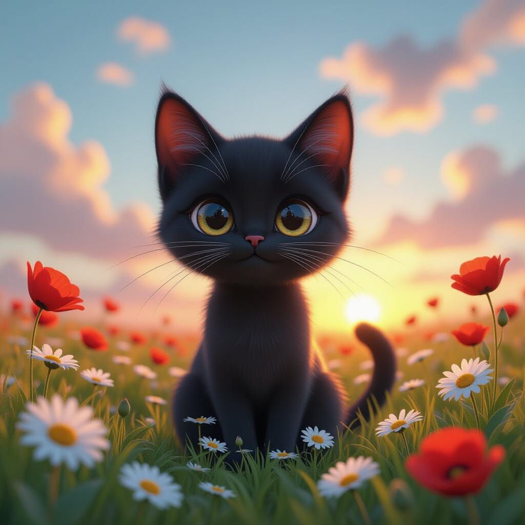 a stylized black cat with oversized, expressive eyes sitting...