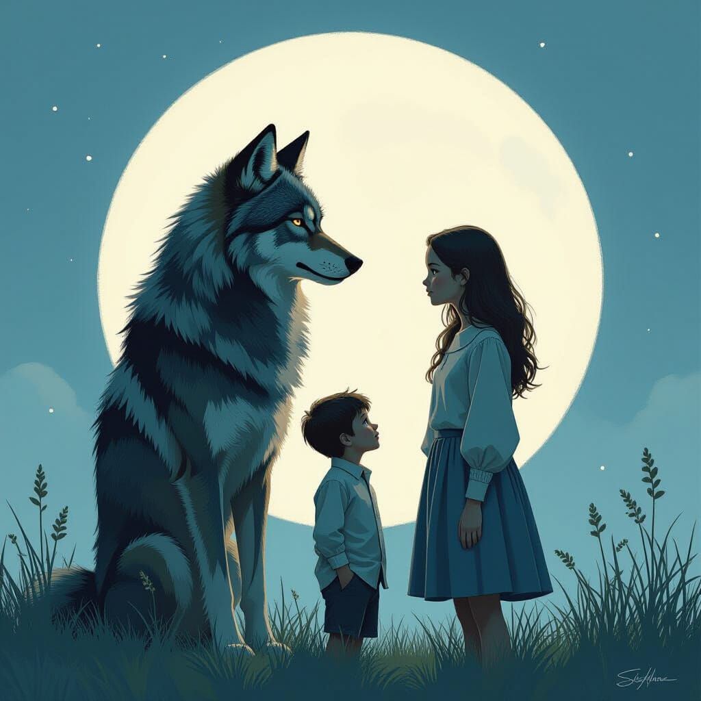 Wolf, Son, and Daughter in Moonlight