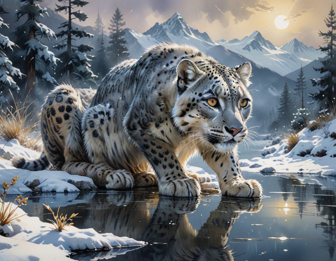 Snow Leopard by Moonlit Pool in Snowy Mountains